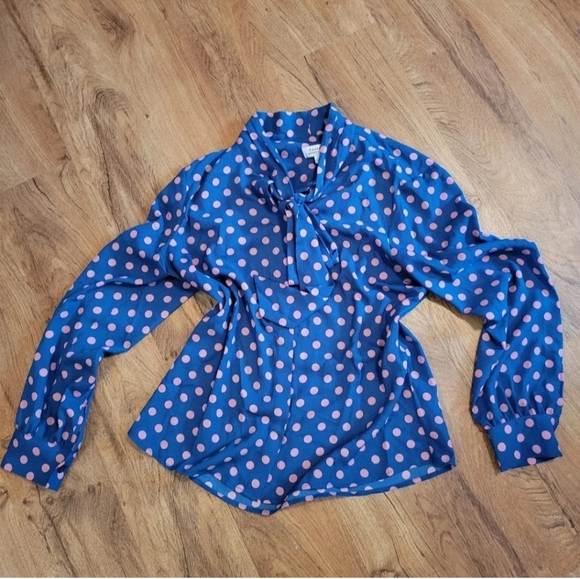 Tahari Retro Polka Dot Tie Button-Up Blouse Blue Pink Size Large EUC - Picture 2 of 6